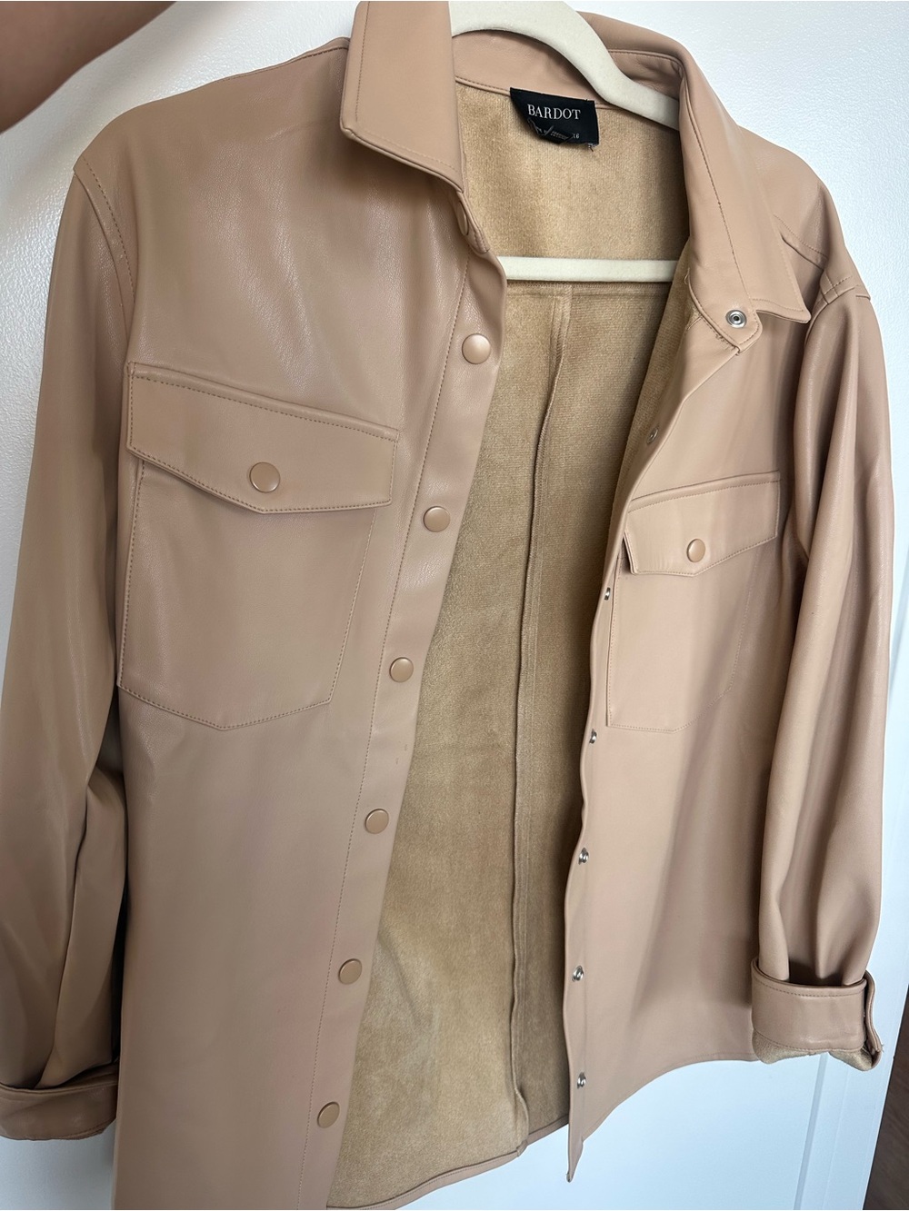 Bardot Tan Faux-Leather Shacket with Suede-Look Lining